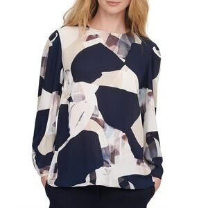 DKNY Abstract Print Long Sleeve Blouse Size Large Keyhole Back